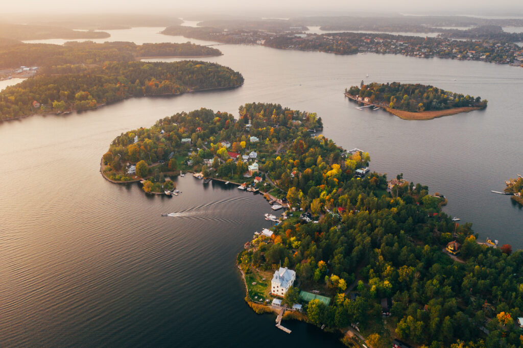 Tynningö island in Sweden seen from a drone at sunset.